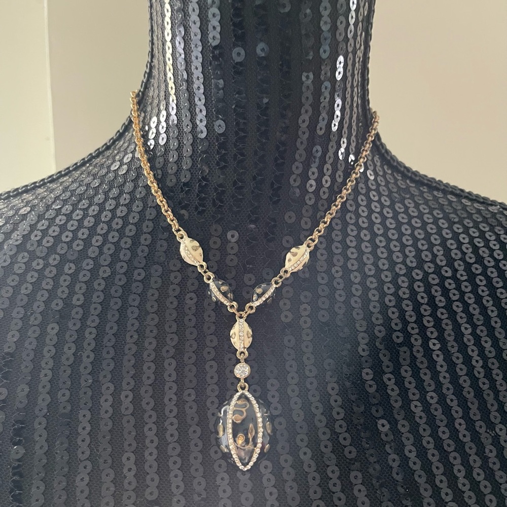 Vintage Enamel Black & Cream Gold Toned Drop Necklace